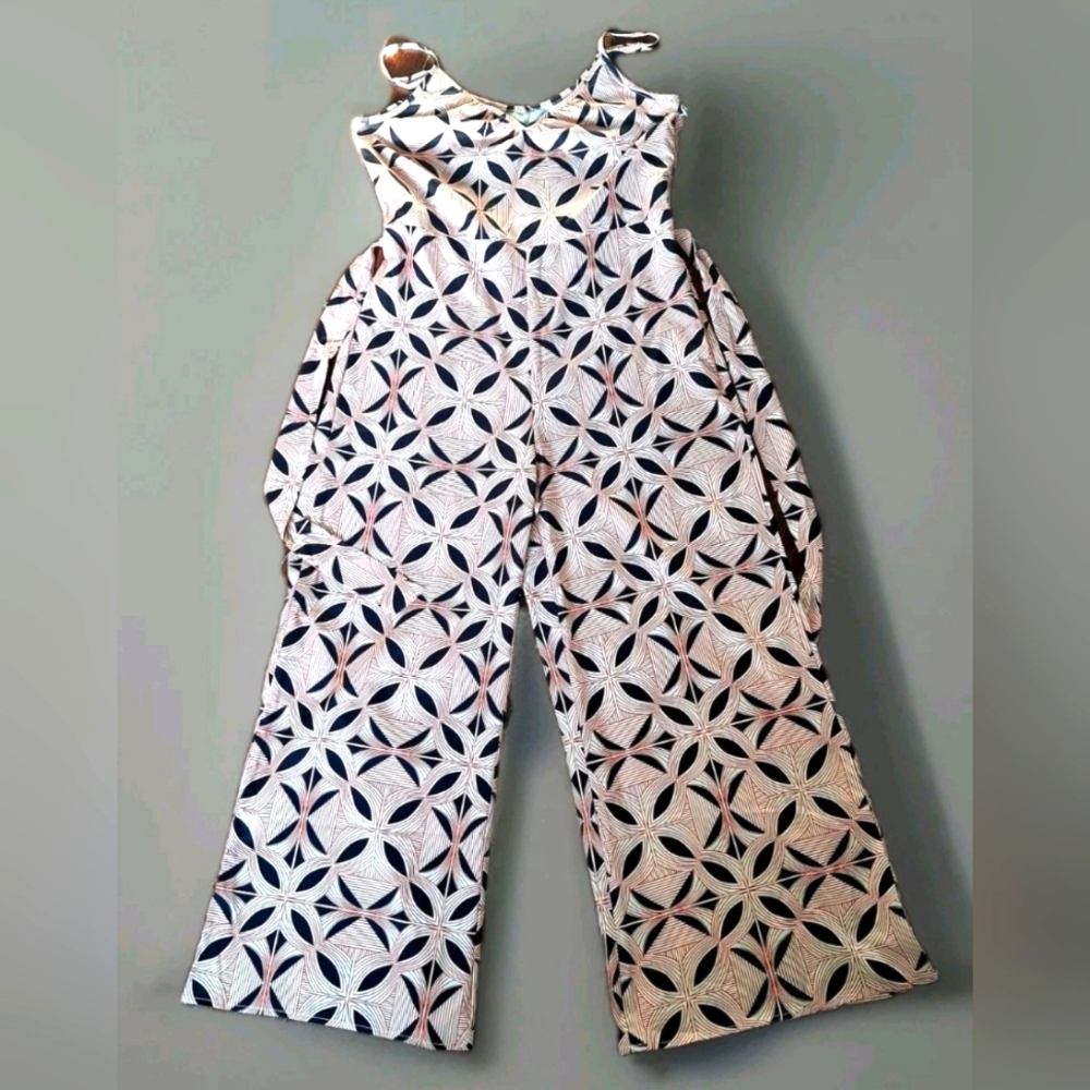 Cupshe Jumpsuit Romper Blush Pink Black W Tie Size M Geometric Wide Leg EUC Boho